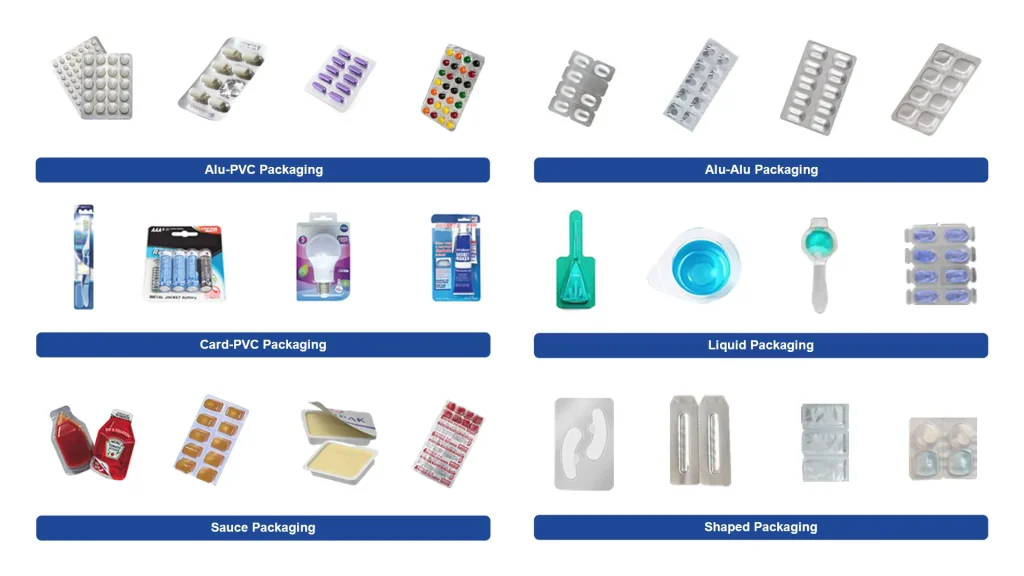 Blister packing machine for solid tablets, capsules, food, paper-plastic, soft aluminum foil, liquid, and customized packaging